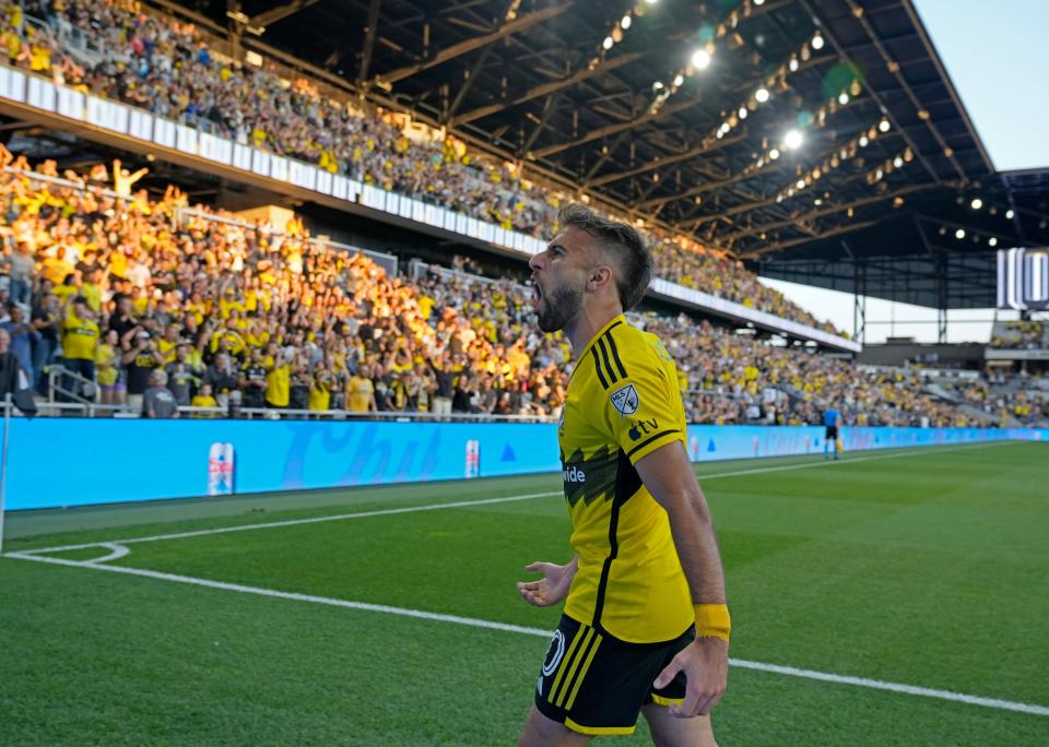 August 21, 2024; Columbus, Ohio, USA; 
Columbus Crew forward Diego Rossi (10) celebrates after his first goal scored against the Philadelphia Union during a semifinal Leagues Cup match at Lower.com Field on Wednesday