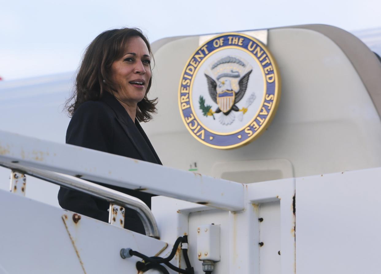 Vice President Kamala Harris boards Air Force 2 after her meeting with staff during her visit to U.S. Central Command and the Joint Special Operations Command at Macdill Air Force Base on Thursday, July 14, 2022, in Tampa, Fla. (Luis Santana/Tampa Bay Times via AP)