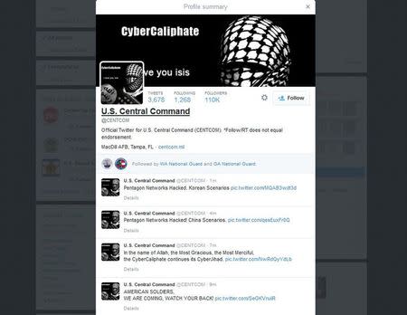 A computer screenshot shows the U.S. Central Command Twitter feed after it was apparently hacked by people claiming to be Islamic State sympathizers January 12, 2015. REUTERS