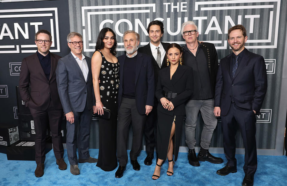 (L-R) Executive Producer Andrew Mittman, Executive Producer Steve Stark, Brittany O'Grady, Executive Producer Christoph Waltz, Nat Wolff, Aimee Carrero, Creator, Writer, and Executive Producer Tony Basgallop, and Executive Producer and Pilot Director Matt Shakman attend the Red Carpet Special Screening for New Prime Video Series “The Consultant” in Los Angeles at Culver Theater on February 13, 2023 in Culver City, California.