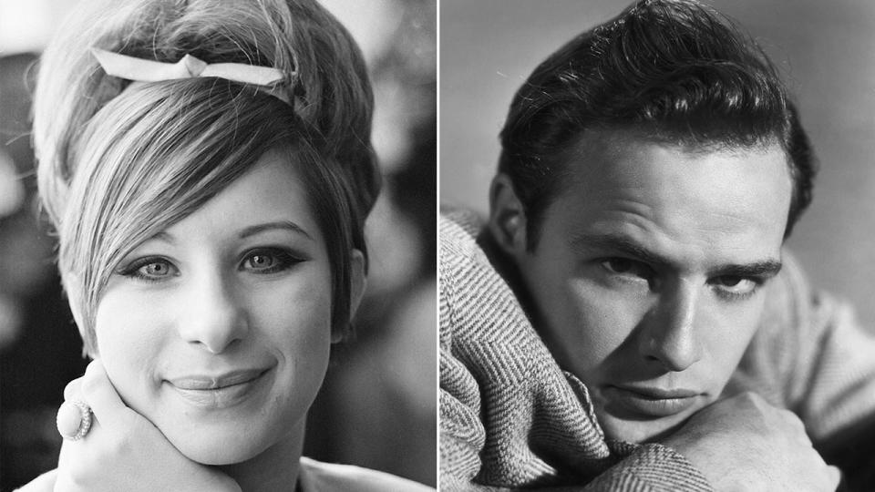 Barbra Streisand black and white photo with her hair in an updo split Marlon Brando lying aginst his arm looking at the camera