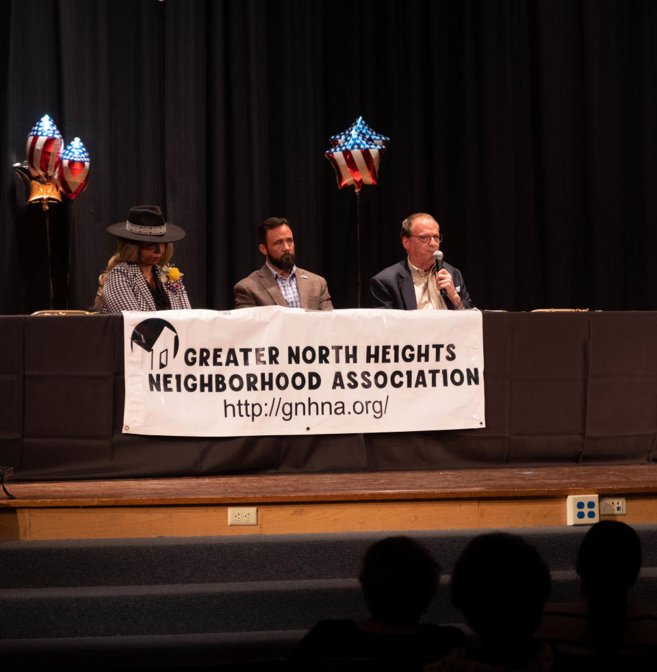 Candidates for Amarillo mayor address the audience Monday night at the Greater North Heights Neighborhood Association candidate forum at Carver Elementary School in Amarillo.