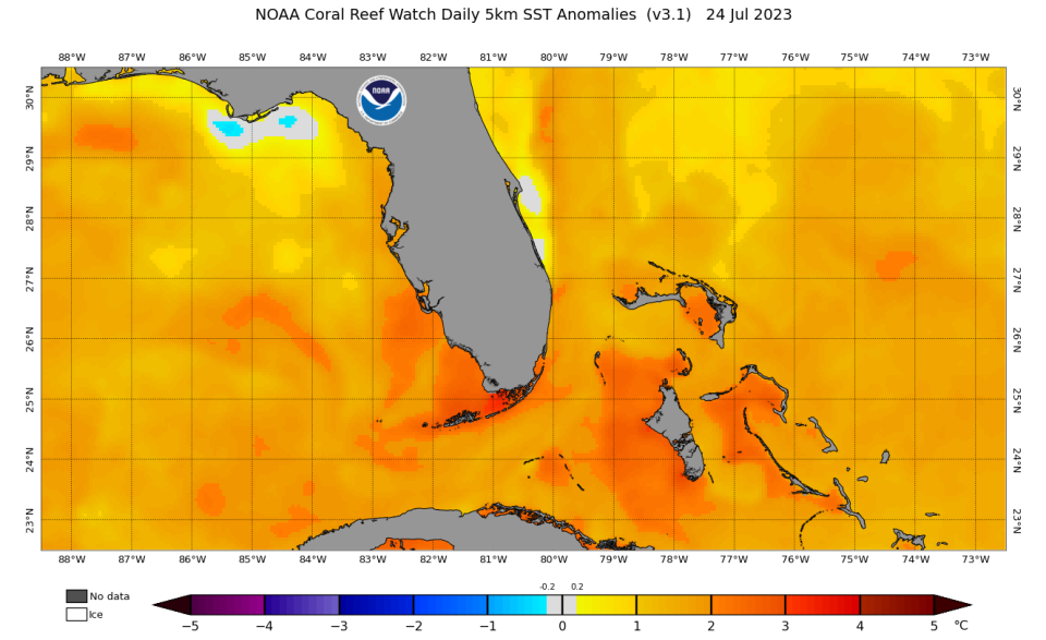 Sea surface temperatures off the southern tip of Florida and the Florida Keys are running more than 2 degrees above normal.