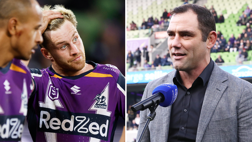 Cameron Smith (pictured right) speaking at the NRL and (pictured left) Cameron Munster reacting to a loss.