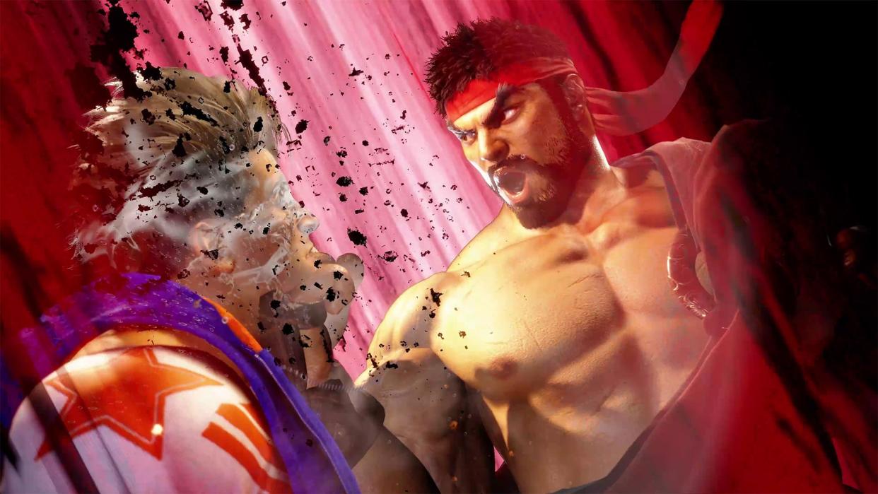  Street Fighter 6 — Ryu, sporting his SF6 beard, delivers an uppercut to Luke's jaw. 