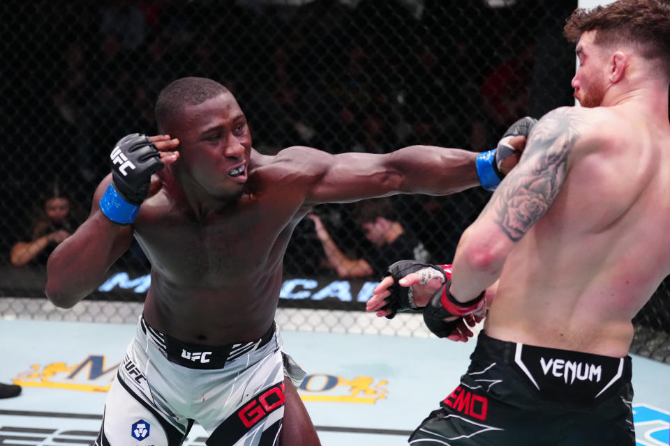 LAS VEGAS, NEVADA – OCTOBER 29: (L-R) Tresean Gore punches Josh Fremd in a middleweight fight during the UFC Fight Night event at UFC APEX on October 29, 2022 in Las Vegas, Nevada. (Photo by Jeff Bottari/Zuffa LLC)