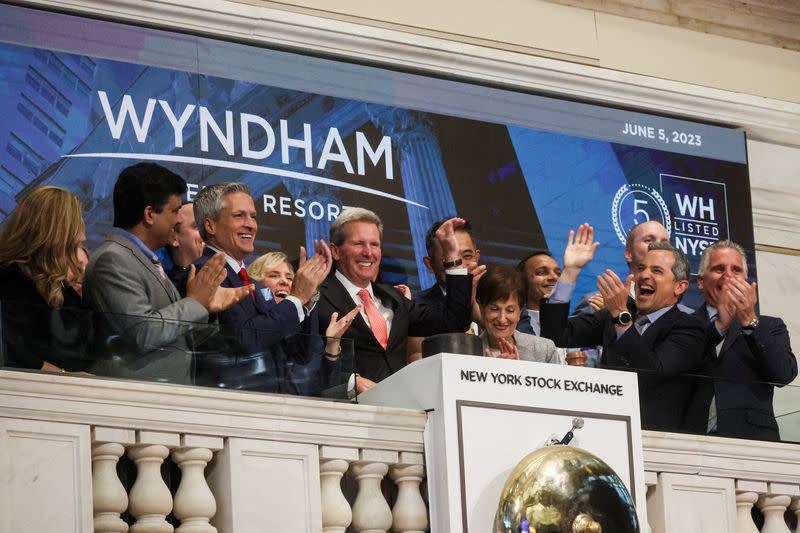 FILE PHOTO: A screen displays the logo for Wyndham Hotels & Resorts, Inc. at the NYSE in New York