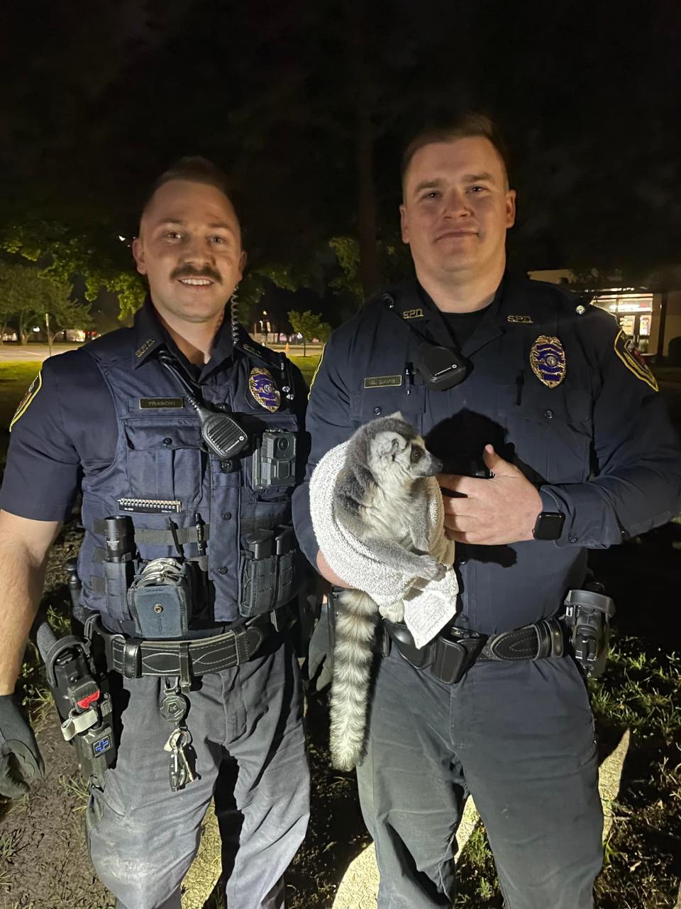 Officer Franchi and Davis from the Springfield Police Department hold a ring-tailed lemur after capturing it on Kimbrough and Woodland. The animal was being kept as a pet which is not allowed within city limits.