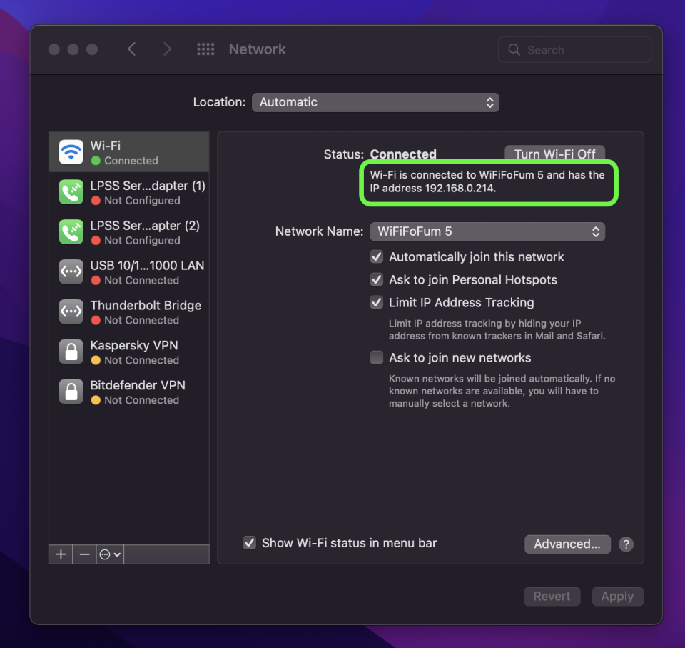 Network menu with IP address highlighted