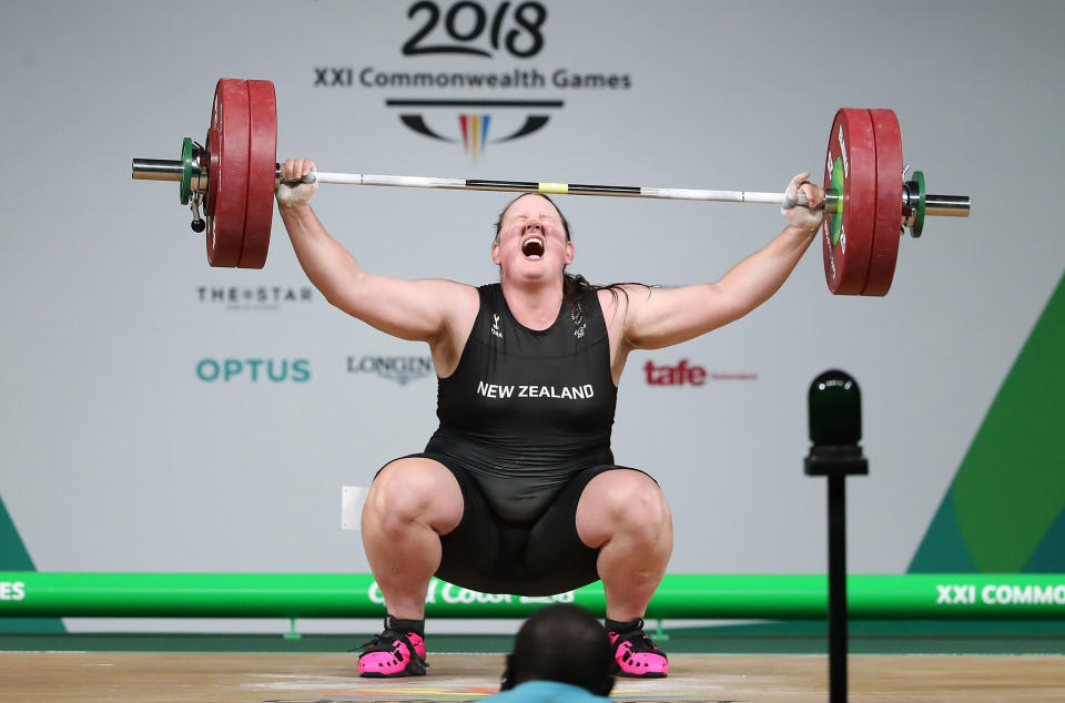 GOLD COAST, AUSTRALIA - APRIL 09:  Laurel Hubbard of New Zealand competes in the Women's +90kg Final during the Weightlifting on day five of the Gold Coast 2018 Commonwealth Games at Carrara Sports and Leisure Centre on April 9, 2018 on the Gold Coast, Australia.  (Photo by Scott Barbour/Getty Images)