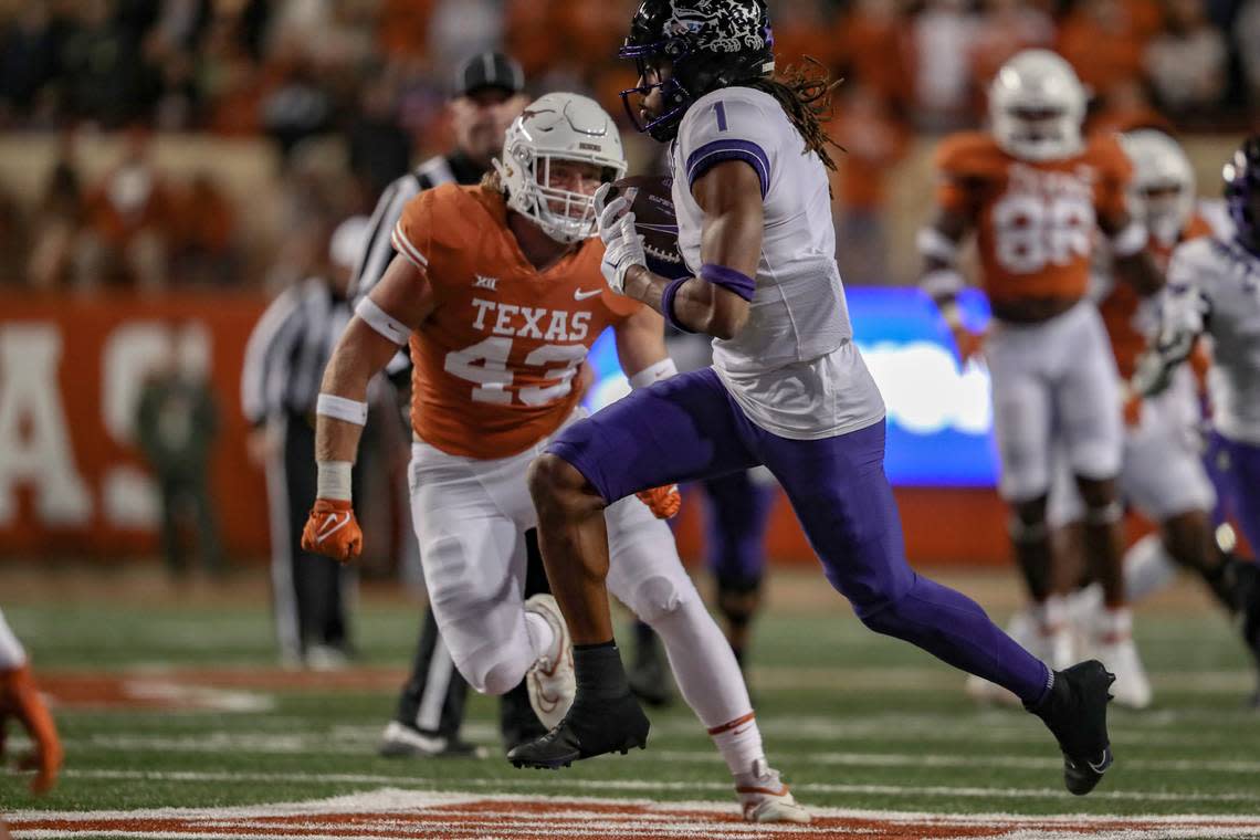 TCU wide receiver Quentin Johnston caught a decisive touchdown pass in the second half of the Horned Frogs’ win at Texas on Saturday in Austin.