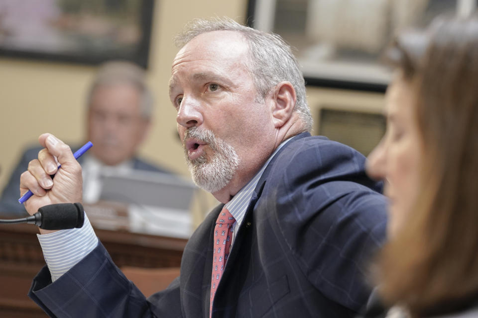 Reps. Jeff Duncan, R-S.C., center, testifies during a House Rules Committee hearing after recent actions taken by New Mexico Gov. Michelle Lujan Grisham, who narrowed an order that broadly suspended the right to carry firearms in and around Albuquerque On Capitol Hill Monday, Sept. 18, 2023, in Washington. (AP Photo/Mariam Zuhaib)