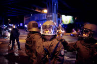 <p>German anti-riot police clash with protesters at Hamburg’s Schanzenviertel, night before the beginning of G20, on July 6, 2017 in Hamburg, Germany. (Photo: Simon Becker/Le Pictorium/Barcroft Images/Getty Images) </p>