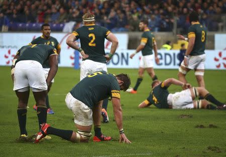 Rugby Union - Rugby Test - Italy v South Africa - Artemio Franchi stadium, Florence, Italy - 19/11/16. South Africa's players react after missing a try during the match against Italy. REUTERS/Alessandro Bianchi