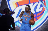 Oklahoma City Thunder forward Luguentz Dort (5) is photographed during an NBA basketball media day Monday, Sept. 26, 2022, in Oklahoma City. (AP Photo/Sue Ogrocki)