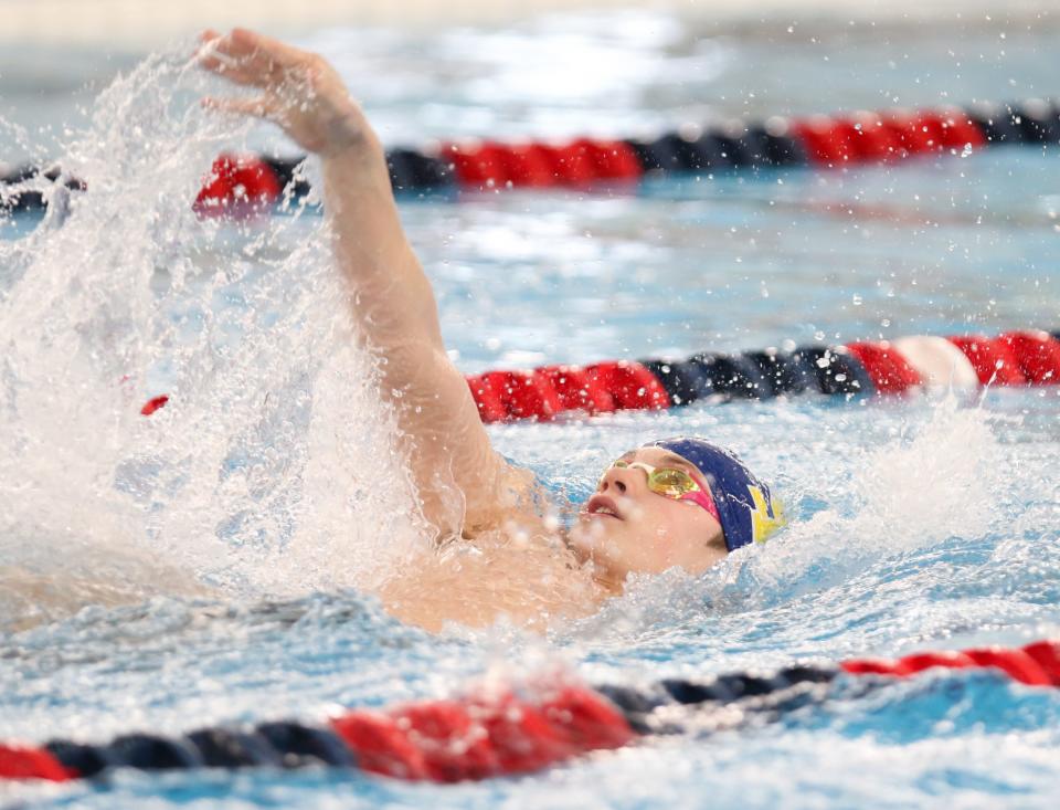 Christopher Bartmess of South Bend Riley competes in the 200 Yard Individual Medley  during the NIC Boys Swimming Finals Saturday, Jan. 28, 2023 at the Elkhart Aquatics Center.