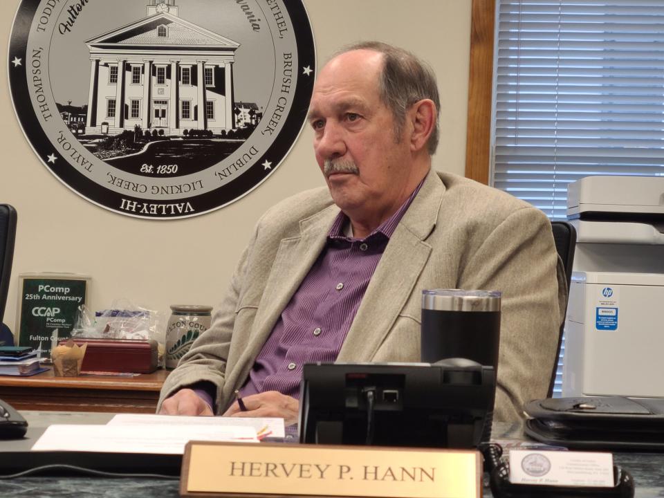 Fulton County Commissioner Hervey Hann participates in a board meeting March 5.