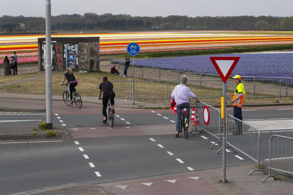 Eine abgesperrten Straße zu den Tulpenfeldern am Osterwochenende (Bild: Peter Dejong/AP/dpa)