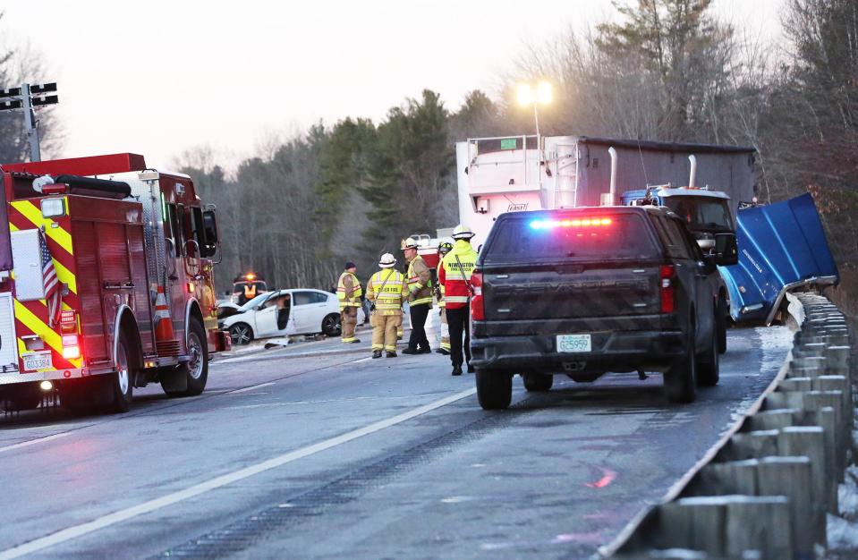 New Hampshire State Police and multiple agencies respond to a fatal crash multi-vehicle crash involving a tractor-trailer and multiple vehicles on the Spaulding Turnpike in Dover Monday, Dec. 12, 2022.