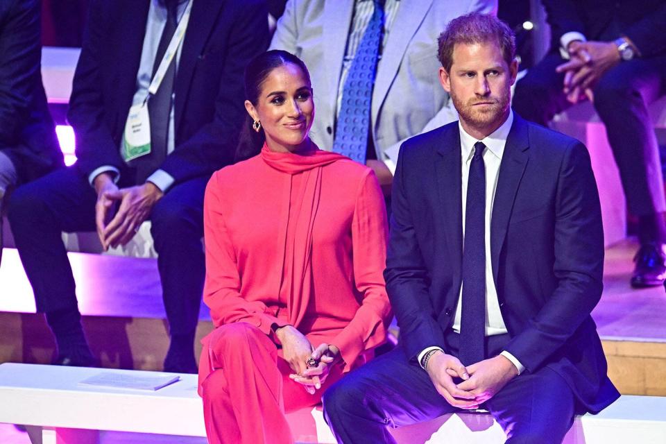 Britain's Meghan, Duchess of Sussex (L) and Britain's Prince Harry, Duke of Sussex, attend the annual One Young World Summit at Bridgewater Hall in Manchester, north-west England on September 5, 2022. - The One Young World Summit is a global forum for young leaders, bringing together young people from over 190 countries around the world to come together to confront the biggest challenges facing humanity. (Photo by Oli SCARFF / AFP) (Photo by OLI SCARFF/AFP via Getty Images)