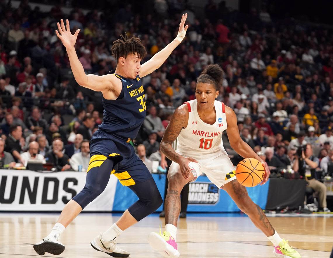 Maryland Terrapins forward Julian Reese (10) drives against West Virginia Mountaineers forward James Okonkwo (32) during the second half in the first round of the 2023 NCAA Tournament at Legacy Arena. Marvin Gentry/Marvin Gentry-USA TODAY Sports