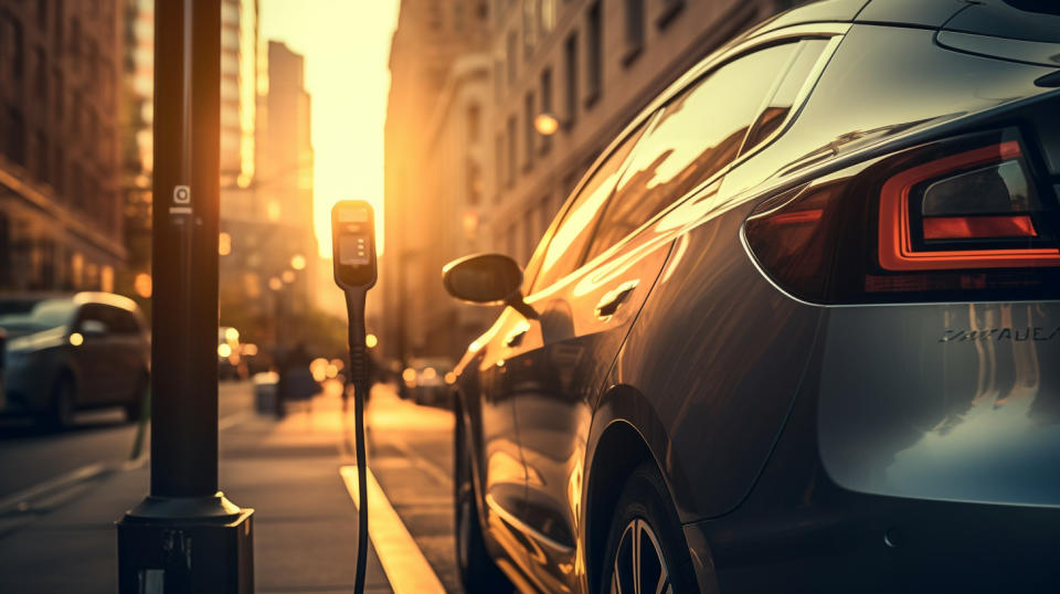 A cutting-edge electric vehicle being charged in a city street as the sun sets.