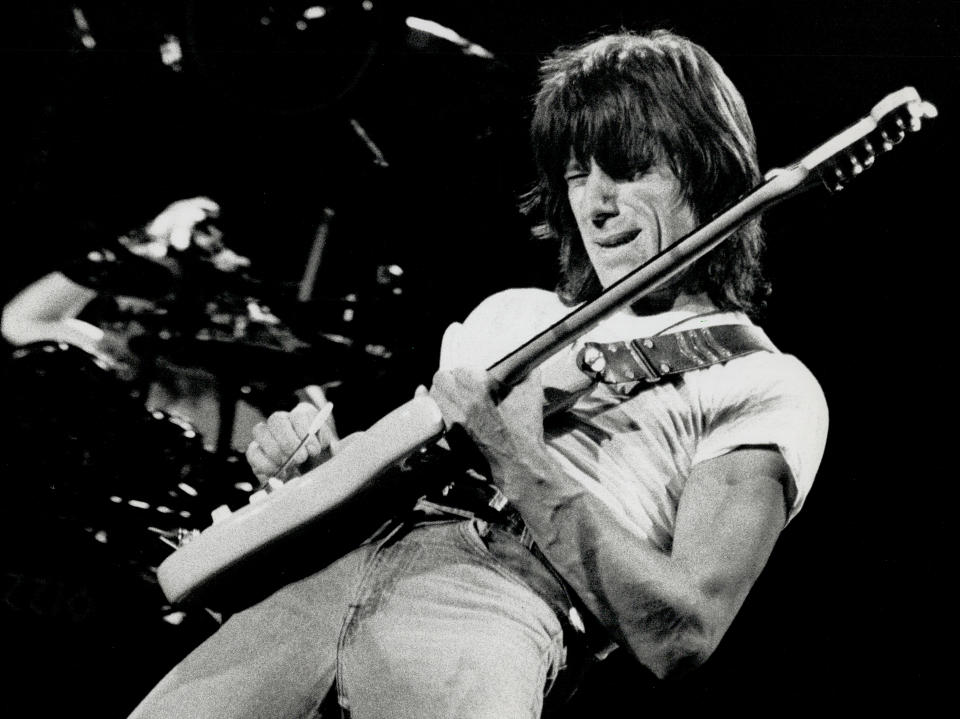 November 2, 1989: British guitarist Jeff Beck re-establishes his remarkably precise control in concert with Jeff Healey and Stevie Ray Vaughan under SkyDome's experimental SkyTent. (Photo by Mike Slaughter/Toronto Star via Getty Images)