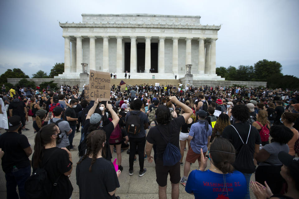 FILE - Demonstrators rally at Lincoln Memorial, June 4, 2020, in Washington, during a protest over the death of George Floyd, an unarmed black man, who died after a police officer kneeled on his neck for several minutes. The third anniversary of Floyd’s murder is Thursday, May 25, 2023. (AP Photo/Jose Luis Magana, File)