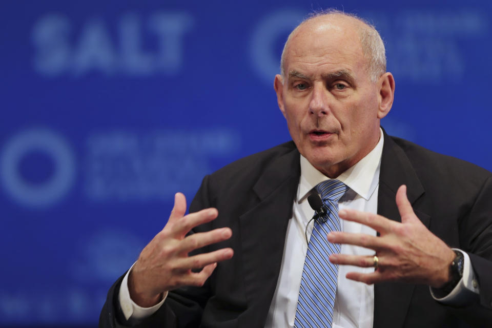 FILE - In this Dec. 10, 2019, file photo, John Kelly, President Donald Trump's former chief of staff, talks during the SALT finance conference in Abu Dhabi, United Arab Emirates. With just weeks left before the Nov. 3 election, it's decision time for a number of current and former Trump administration officials who are debating whether to speak out against President Donald Trump. (AP Photo/Kamran Jebreili)