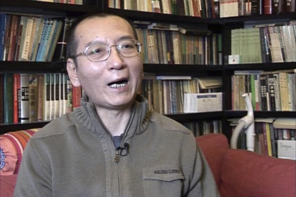 FILE - In this file image taken from video, Liu Xiaobo speaks during an interview in his home in Beijing, China, Jan 6, 2008. (AP Photo, File)