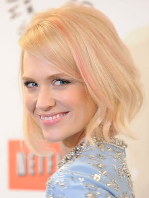 <p>Blonde bombshell January Jones added a little flirty fun to her do with subtle pink highlights - any stronger and she'd risk looking like a real-life Barbie. <a rel="nofollow noopener" href="https://twitter.com/#!/y7lifestyle" target="_blank" data-ylk="slk:Follow us on Twitter for fashion updates;elm:context_link;itc:0;sec:content-canvas" class="link ">Follow us on Twitter for fashion updates</a></p>