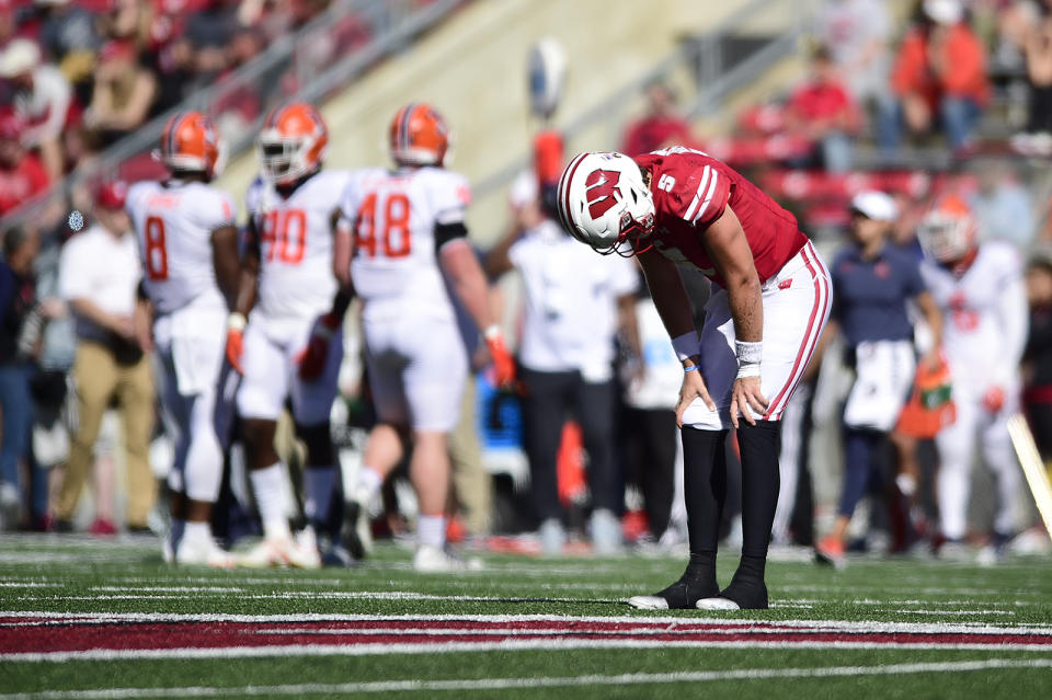 Wisconsin quarterback Graham Mertz (5) reacts after an incomplete pass during the second half of an NCAA college football game against Illinois, Saturday, Oct. 1, 2022, in Madison, Wis. (AP Photo/Kayla Wolf)