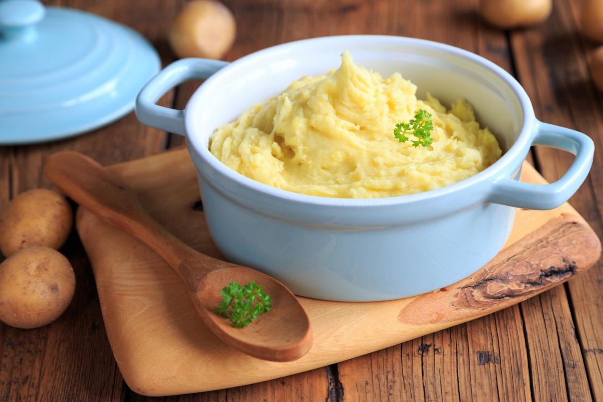 homemade mashed potatoes in a blue pot