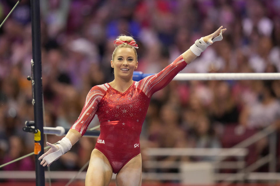 FILE - MyKayla Skinner gestures after competing on the uneven bars during the women's U.S. Olympic Gymnastics Trials in St. Louis, in this Friday, June 25, 2021, file photo. Skinner, a member of the six-woman U.S. delegation that will compete in Tokyo, has been highly critical of former national team coordinator Martha Karolyi and believes USA Gymnastics is in a better place following her retirement in 2016. (AP Photo/Jeff Roberson, File)