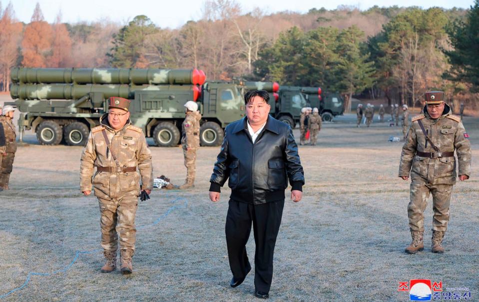 PHOTO: In this photo provided by the North Korean government, North Korean leader Kim Jong Un supervises a live-fire drill in North Korea, on March 18, 2024.  (Korean Central News Agency/Korea News Service via AP)