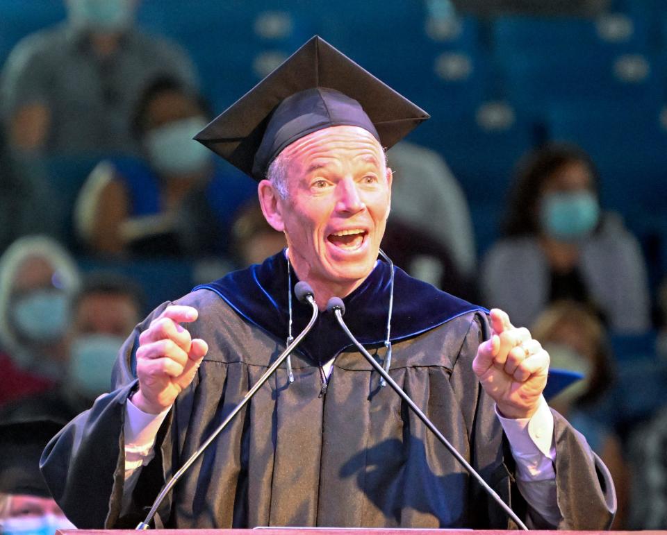 Marc Randolph, co-founder and the first CEO of Netflix, makes a point during the Cape Cod Community College commencement Wednesday at the Melody Tent in Hyannis.