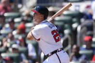 Atlanta Braves' Matt Olson watches a solo home run in the second inning of a baseball game against the Arizona Diamondbacks Sunday, April 7, 2024, in Atlanta. (AP Photo/John Bazemore)