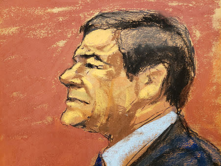 Accused Mexican durg lord Joaquin "El Chapo" sits during his Brooklyn federal court trial in this courtroom sketch in New York City, U.S., January 24, 2019. REUTERS/Jane Rosenberg