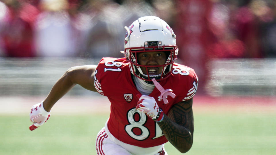 Utah's Mikey Matthews (81) runs up field during the first half of an NCAA college football game against UCLA Saturday, Sept. 23, 2023, in Salt Lake City. (AP Photo/Rick Bowmer)