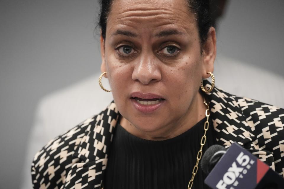 Attorney Mylan Denerstein speaks during a news conference Thursday, Aug. 10, 2023, in New York. Attorneys for an Atlanta-based venture capital firm being sued over a grant program investing in Black women have vowed to fight back against the lawsuit calling it misguided and frivolous. (AP Photo/Frank Franklin II)