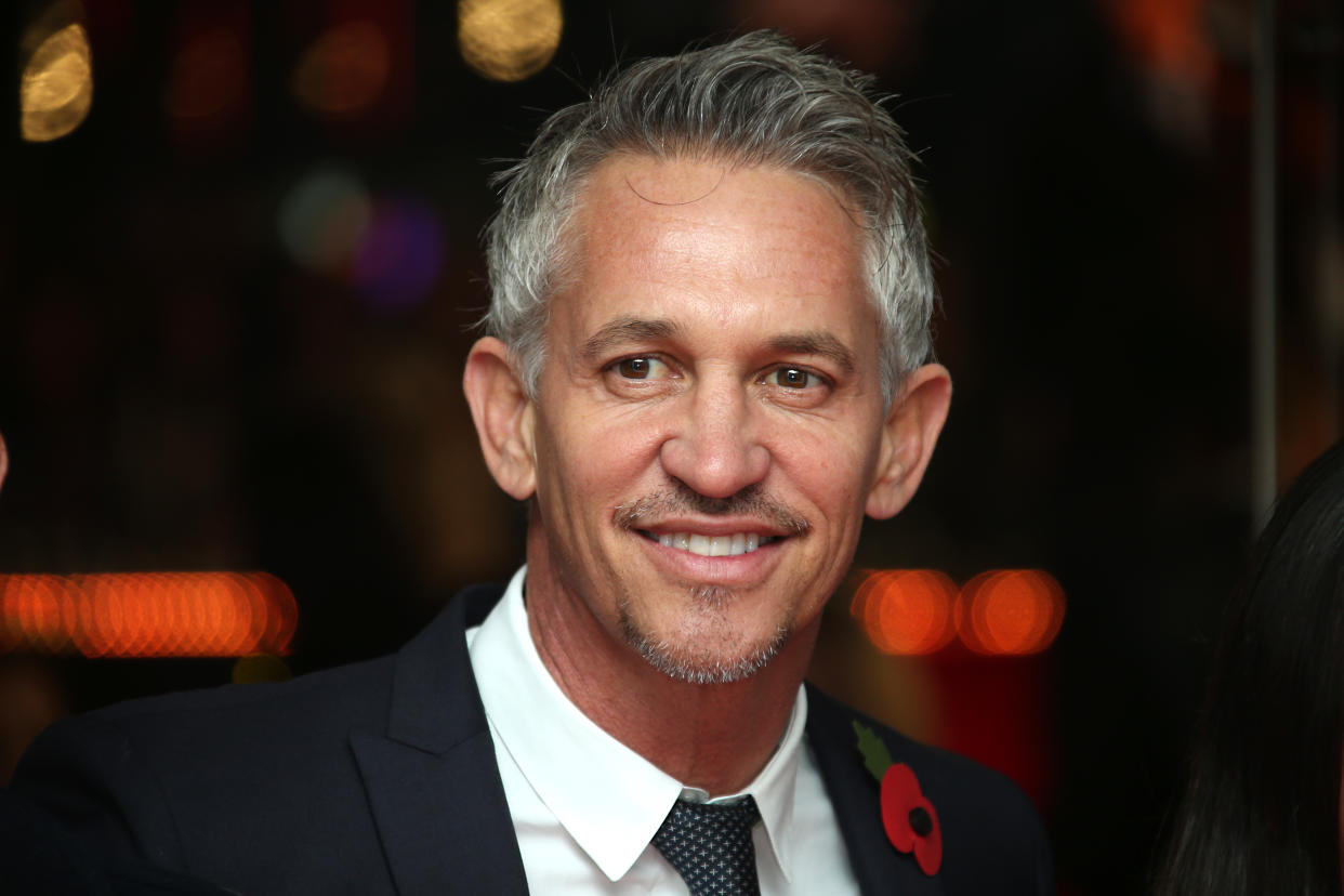 Gary Lineker poses for photographers upon arrival to the world premiere of the film The Hunger Games Mockingjay Part 1 in London, Monday, Nov. 10, 2014. (Photo by Joel Ryan/Invision/AP)