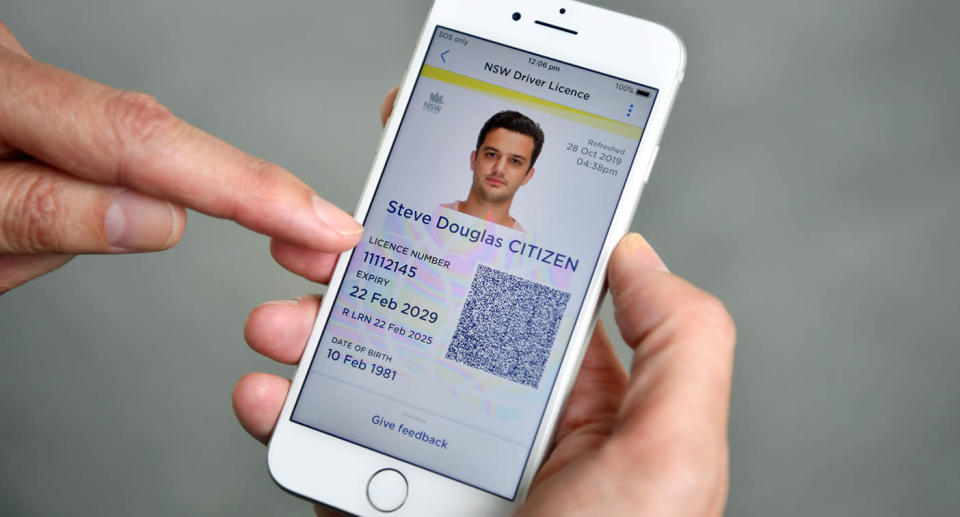 A smartphone displaying an example digital driver's licence from NSW.