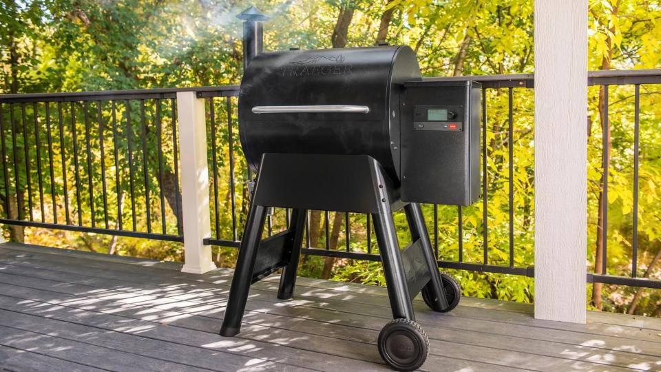 A Traeger grill on a deck