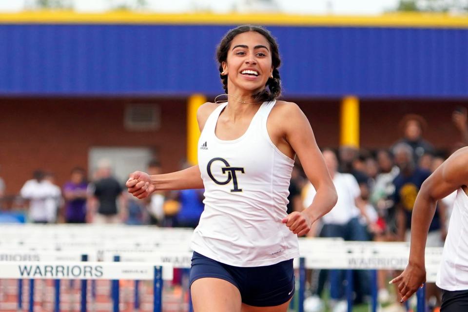 Northern Valley Old Tappan's Abigail Dennis reacts to placing first in the girls 100-meter hurdles during the NJSIAA Track and Field Meet of Champions at Franklin High School on Thursday, June 15, 2023, in Somerset.