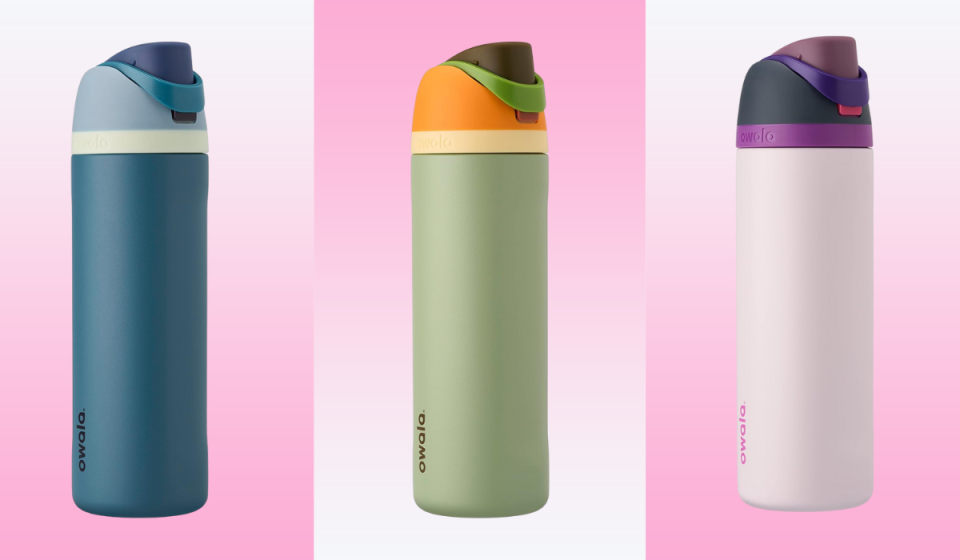 Owala FreeSip water bottles in colors Denim, Camo Cool and Dreamy Field.