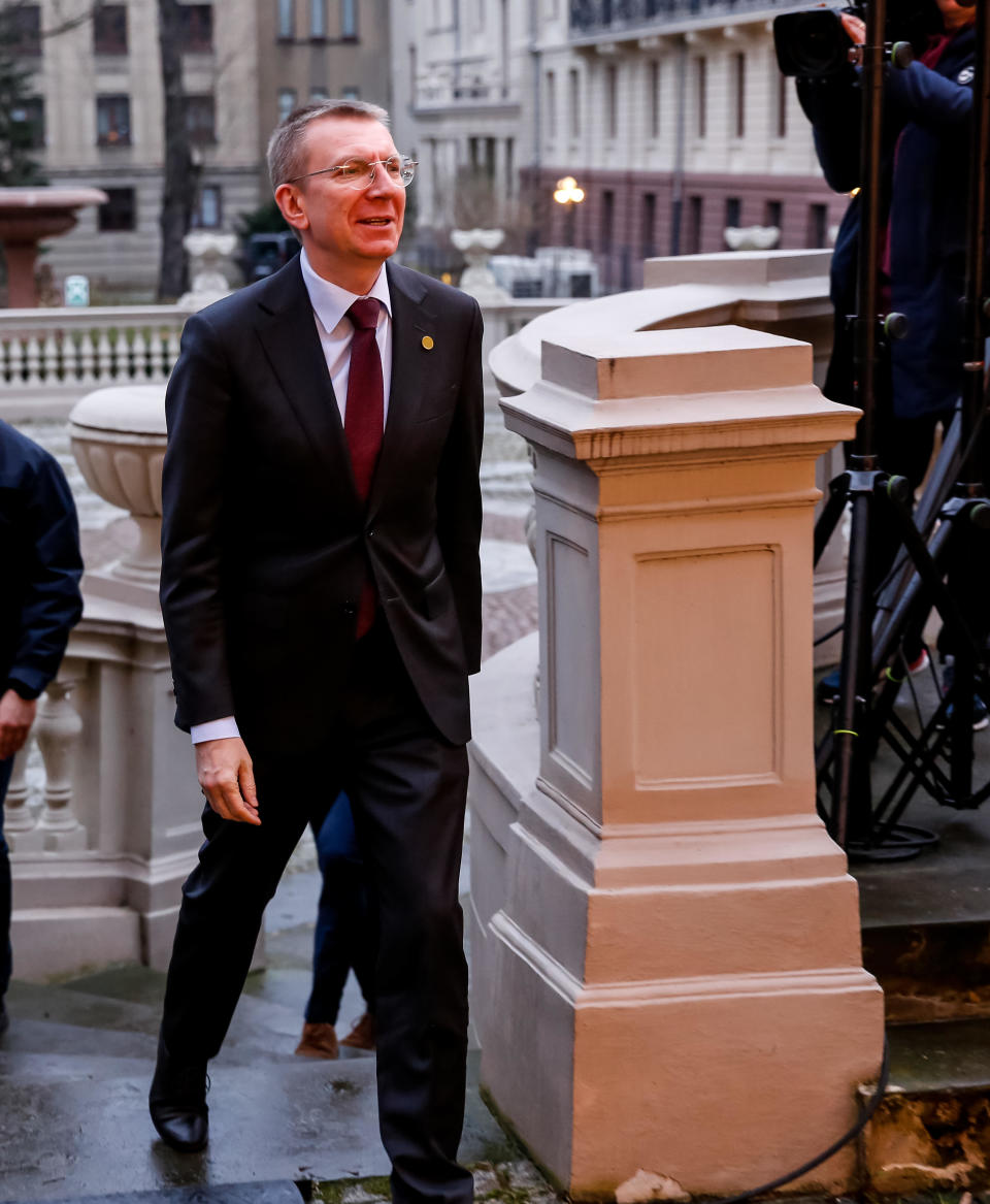 Edgars Rinkvis, Minister of Foreign Affairs of Latvia arrives for the Budapest Nine heads of diplomacy summit in Izrael Poznanski Palace in Lodz, Poland on March 30, 2023.  / Credit: Dominika Zarzycka/NurPhoto via Getty Images