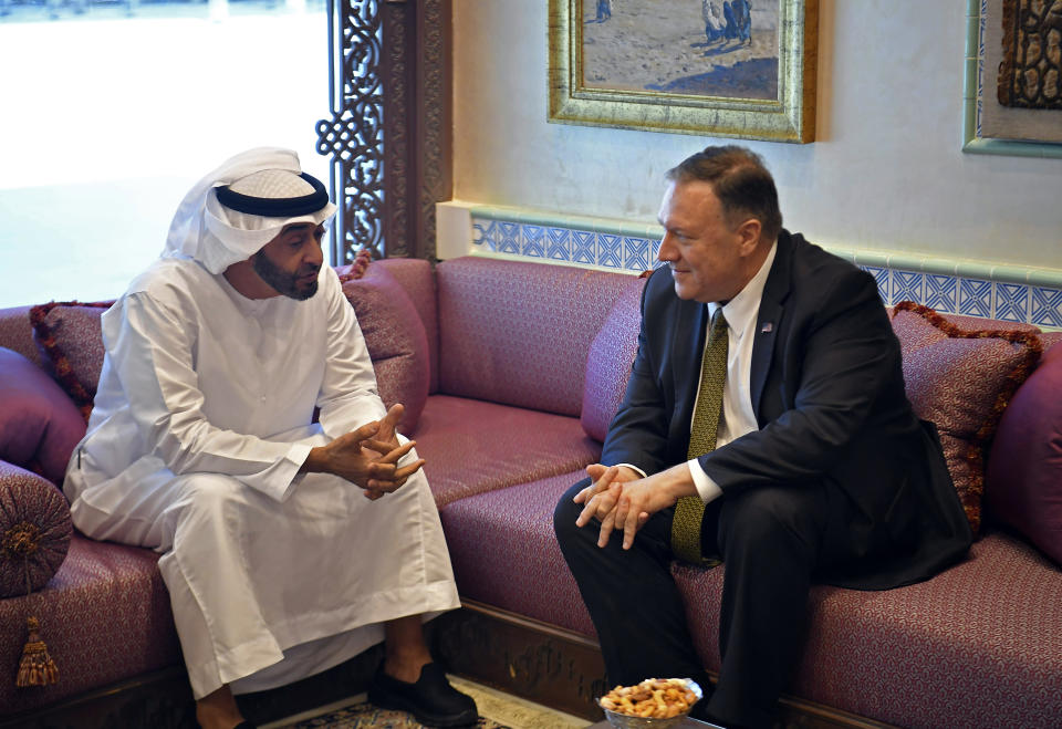 U.S. Secretary of State Mike Pompeo meets with Abu Dhabi Crown Prince Mohamed bin Zayed al-Nahyan in Abu Dhabi, United Arab Emirates, Thursday, Sept. 19, 2019. (Mandel Ngan/Pool via AP)