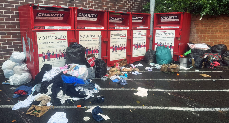 The Balmain woman urged her community to do better after at least a dozen bags of clothes were ruined in the rain, outside of Woolworths supermarket. Source: Facebook. 