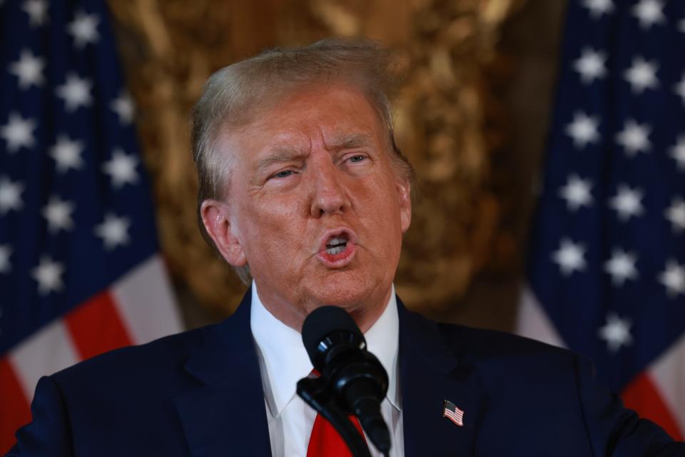 Republican presidential candidate former President Donald Trump speaks during a joint press conference with Speaker of the House Mike Johnson, R-La., at Mr. Trump's Mar-a-Lago estate on April 12, 2024, in Palm Beach, Florida.