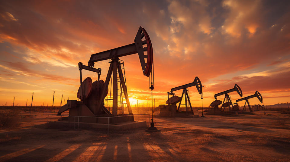 A row of massive oil rigs in a desert landscape, against a setting sun.